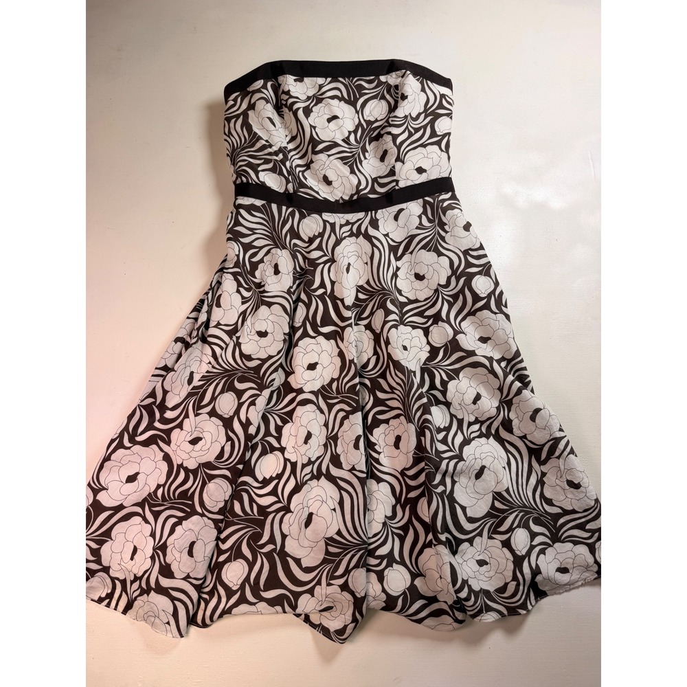Ann Taylor Strapless Dress Women 6 Black White Excellent Cotton Silk Floral